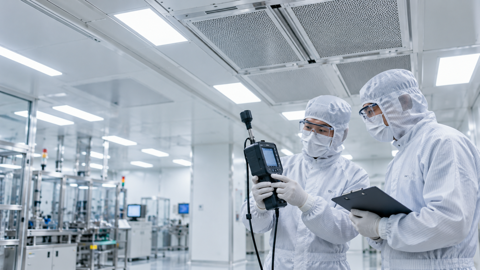 潔淨室專業人員檢查量測設備與受控環境